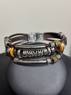 Boho Leather Stainless Steel Unisex Beaded Brown Bracelet